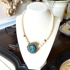 Pearl Necklace with Large Blue-Green 
Pendant with Specks Statement Victorian